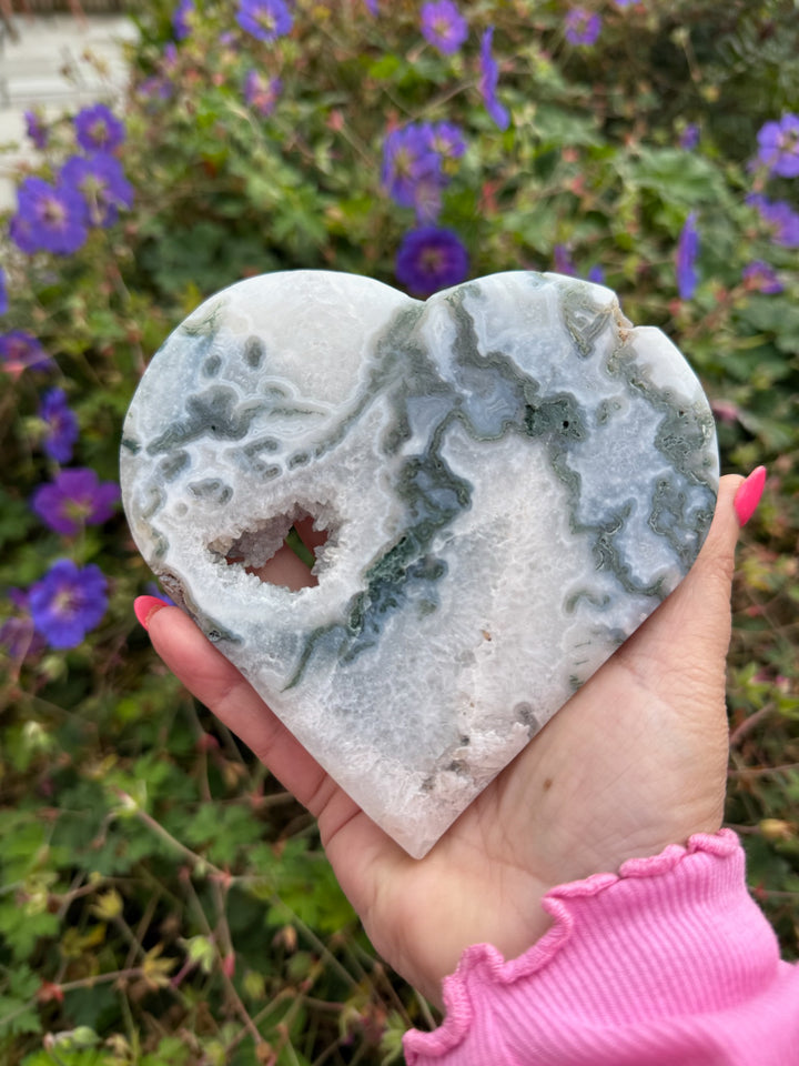 Druzy Moss Agate Heart Carving with Stand