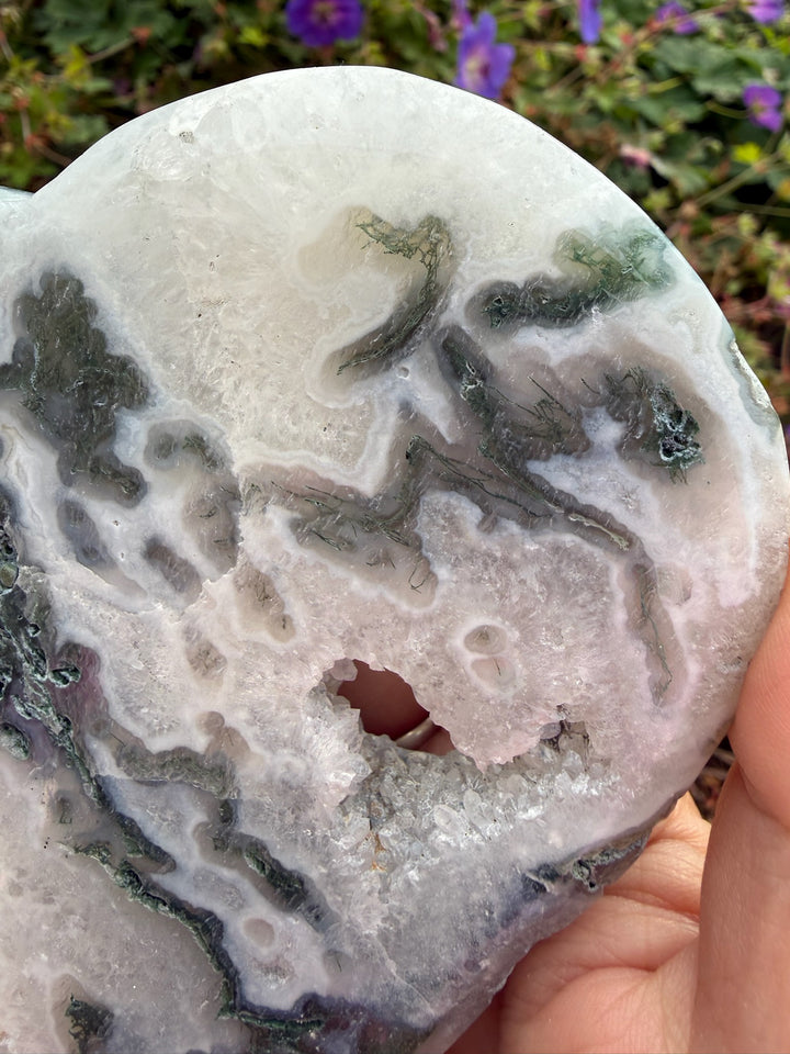 Druzy Moss Agate Heart Carving with Stand