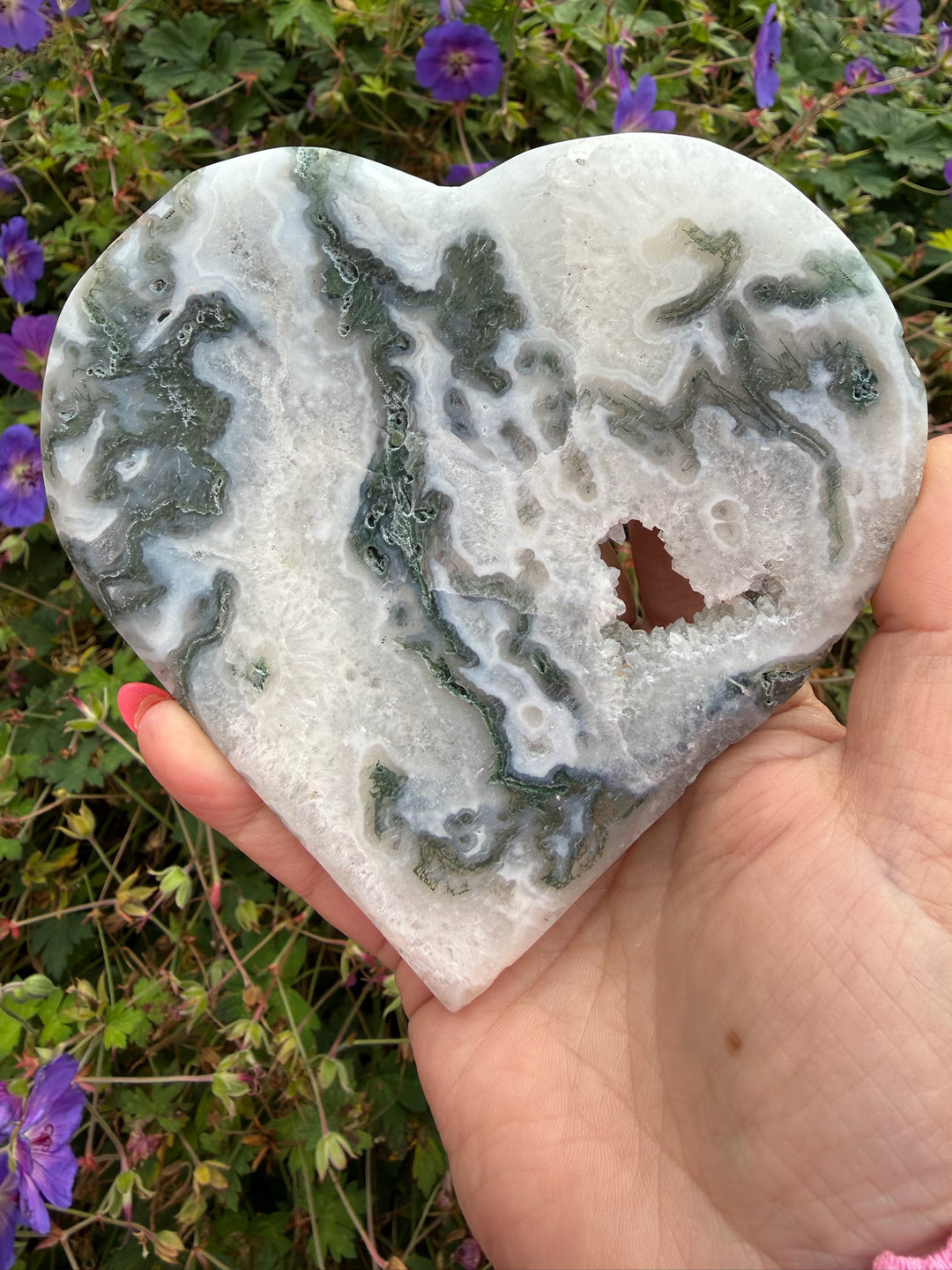 Druzy Moss Agate Heart Carving with Stand