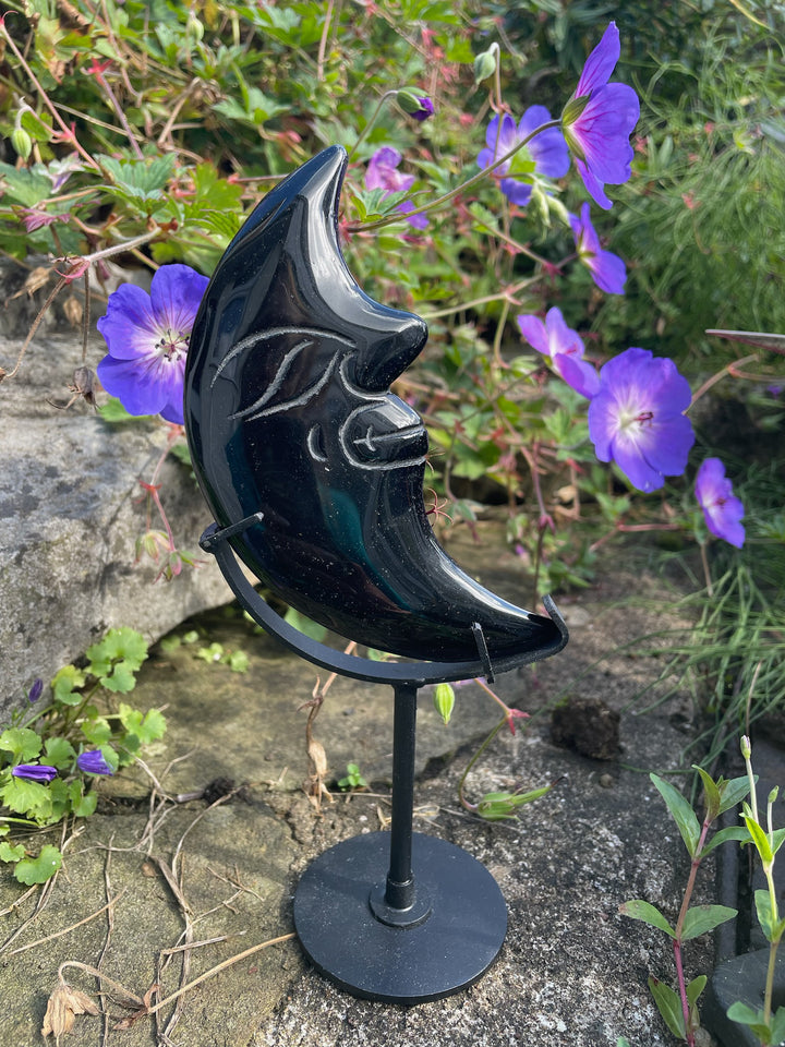 Obsidian Moon with Face Carving on Stand