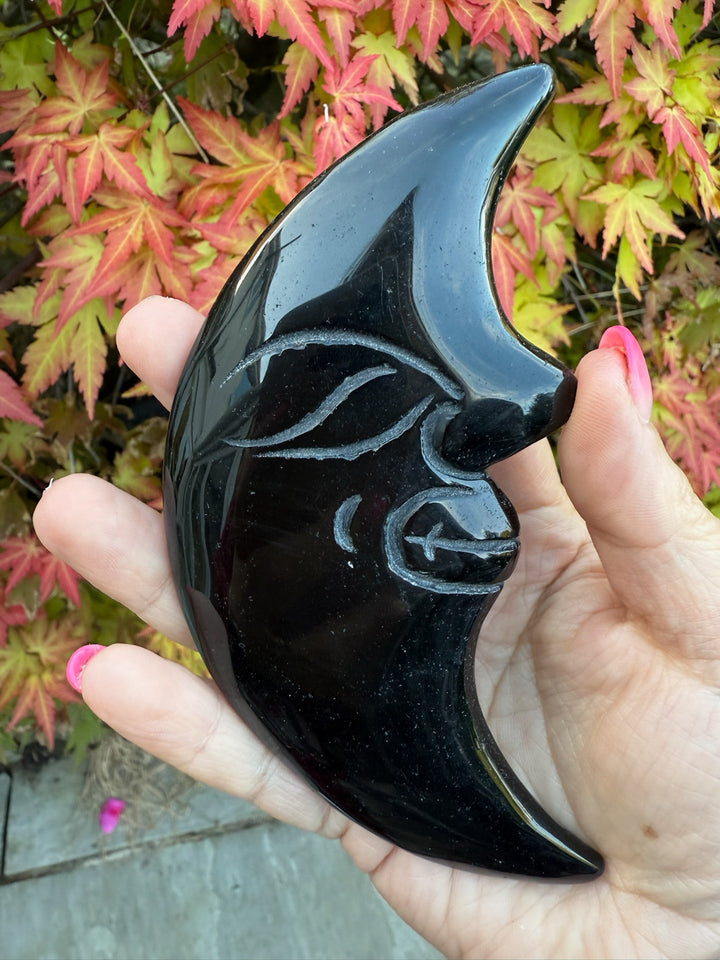 Obsidian Moon with Face Carving on Stand