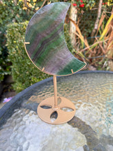 Load image into Gallery viewer, Large Fluorite Moon Carving on Stand
