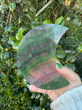Load image into Gallery viewer, Large Fluorite Moon Carving on Stand
