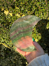 Load image into Gallery viewer, Large Fluorite Moon Carving on Stand
