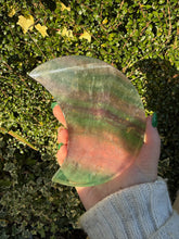 Load image into Gallery viewer, Large Fluorite Moon Carving on Stand
