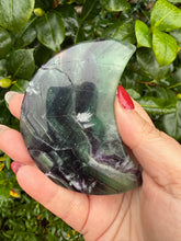 Load image into Gallery viewer, Feather Fluorite Moon Carving with Stand
