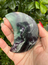 Load image into Gallery viewer, Feather Fluorite Moon Carving with Stand
