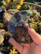 Load image into Gallery viewer, Feather Fluorite Moon Carving with Stand
