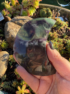 Feather Fluorite Moon Carving with Stand