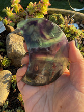 Load image into Gallery viewer, Feather Fluorite Moon Carving with Stand
