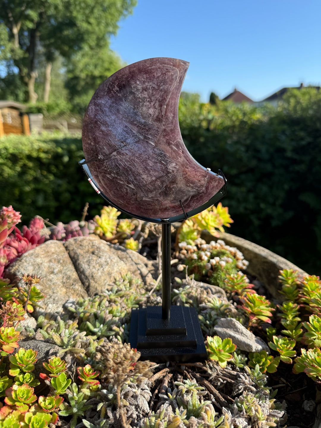 Purple Lepidolite Mica Moon Carving and Stand