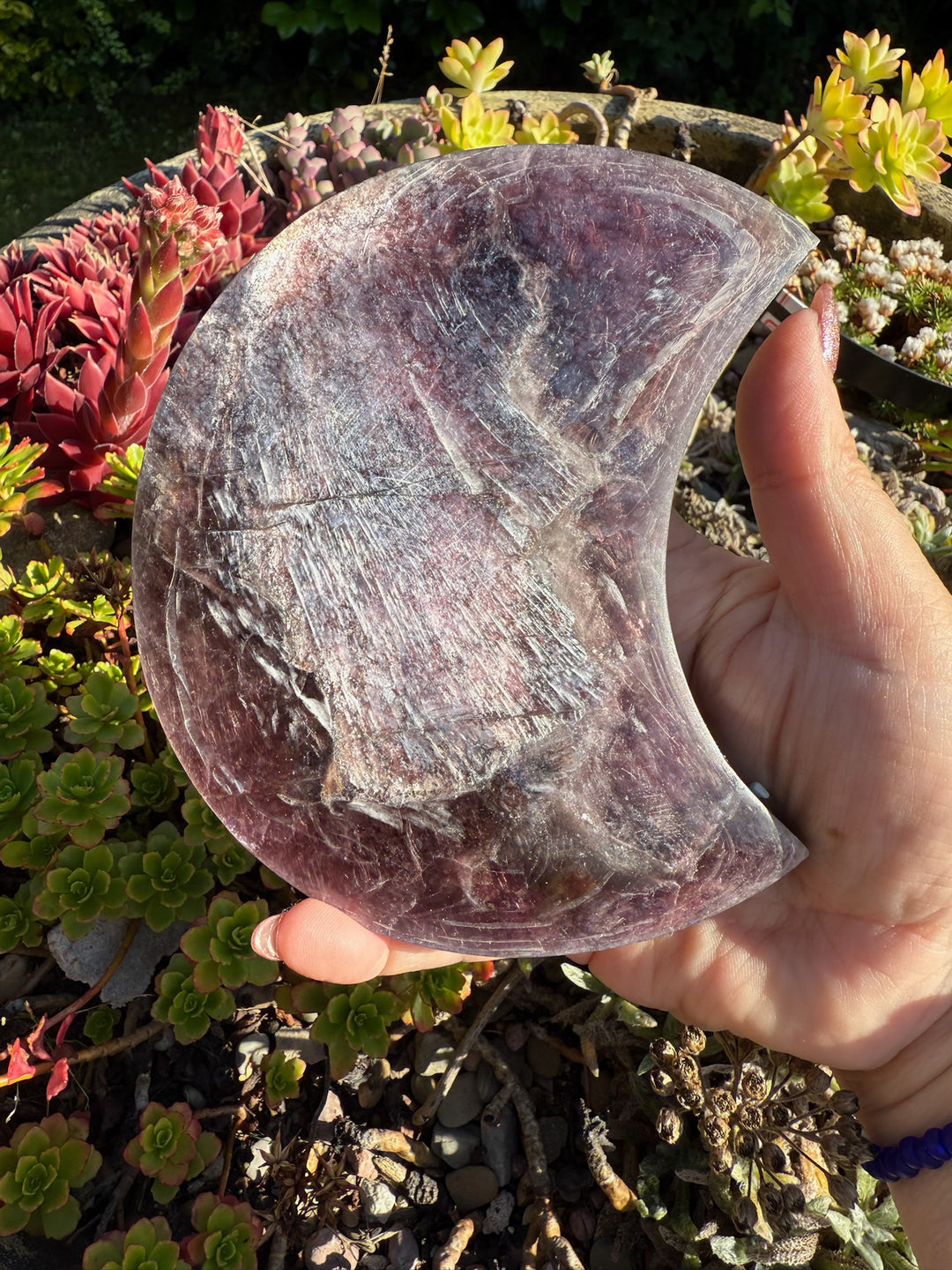 Purple Lepidolite Mica Moon Carving and Stand