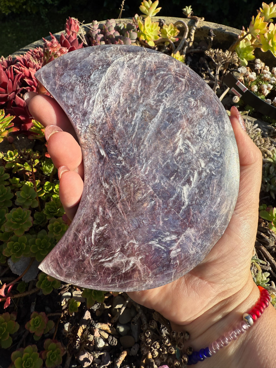 Purple Lepidolite Mica Moon Carving and Stand