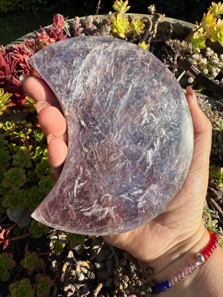 Purple Lepidolite Mica Moon Carving and Stand