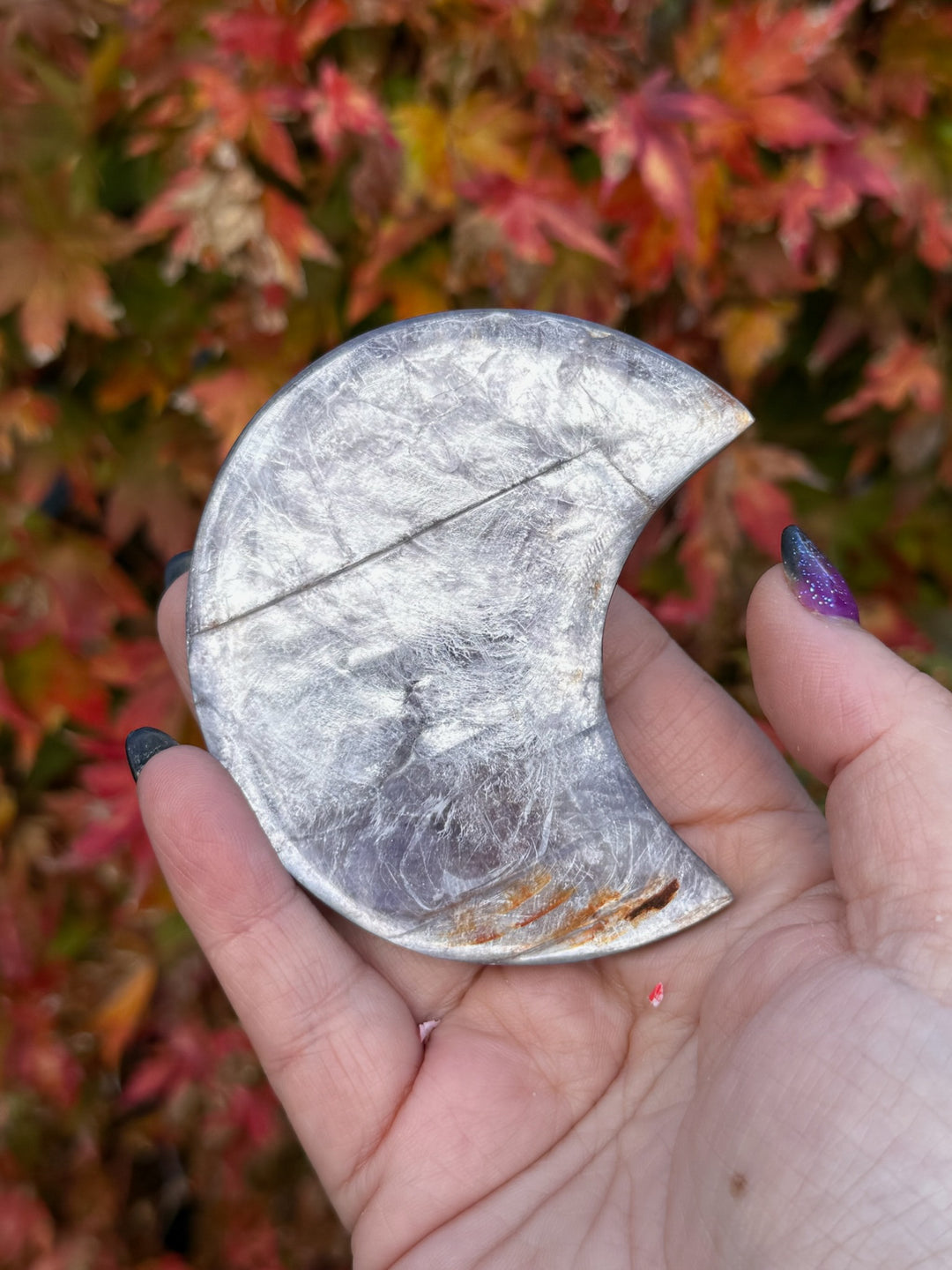 Purple Lepidolite Mica Moon Carving and Stand