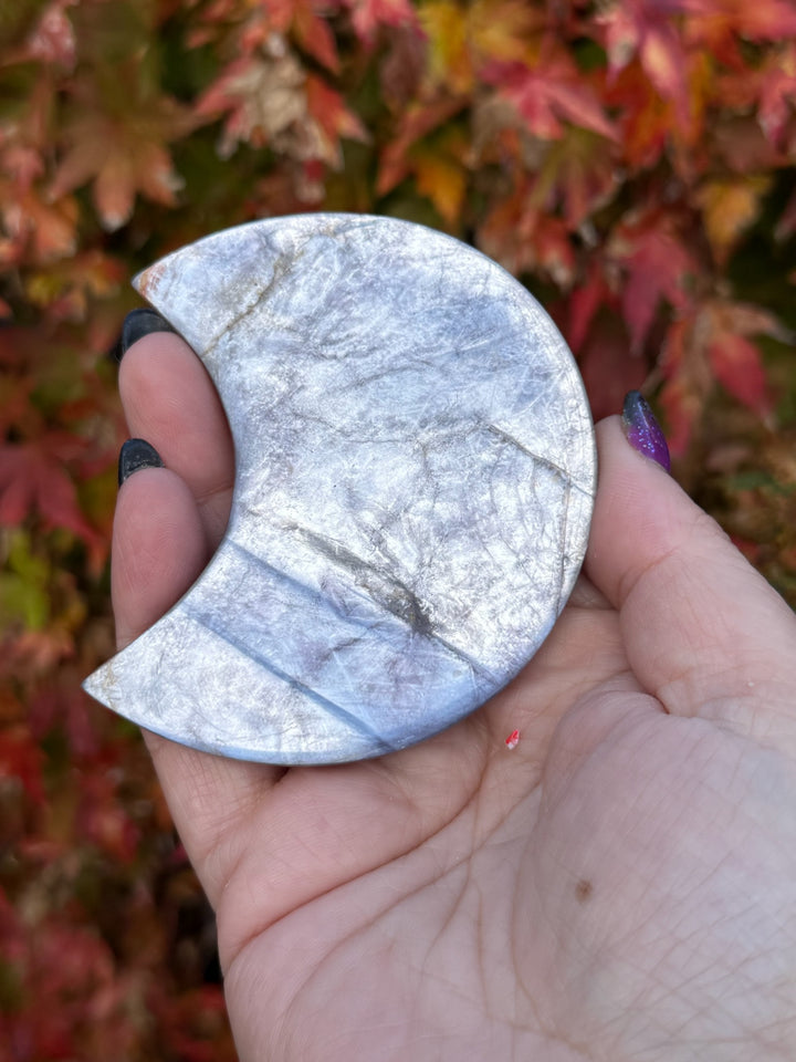 Purple Lepidolite Mica Moon Carving and Stand