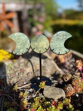 Load image into Gallery viewer, Prehnite Triple Moon Carving with a Custom Stand
