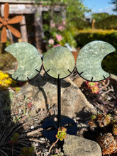 Load image into Gallery viewer, Prehnite Triple Moon Carving with a Custom Stand
