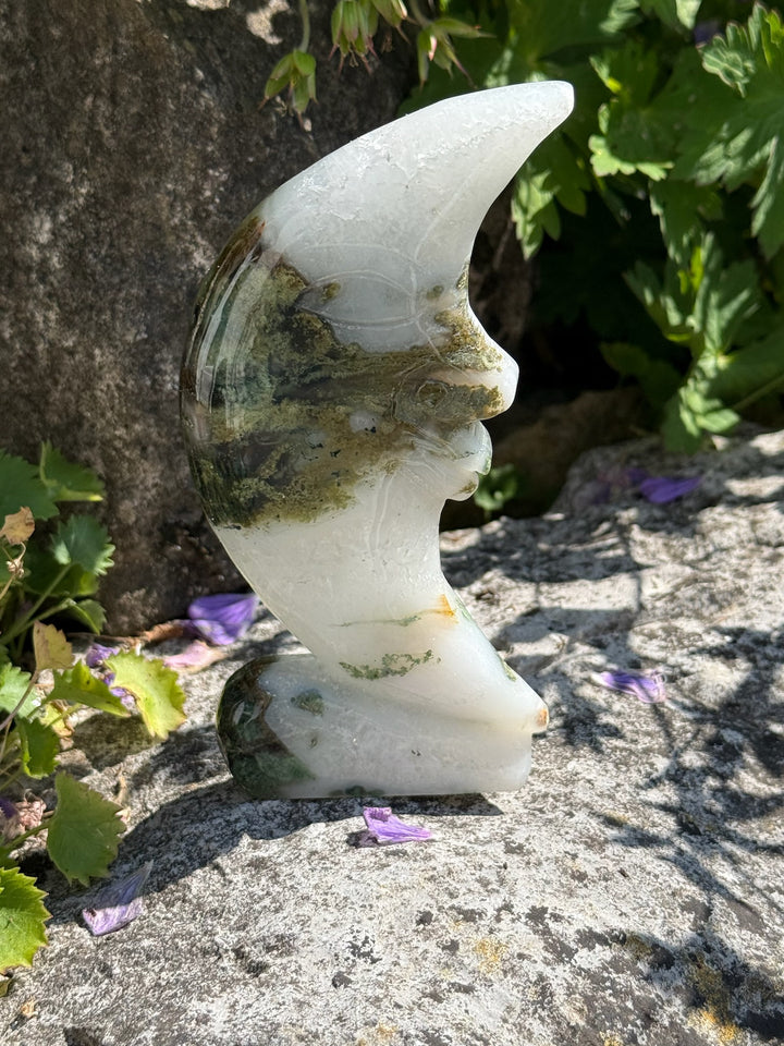 Freestanding Moss Agate Moon Carving