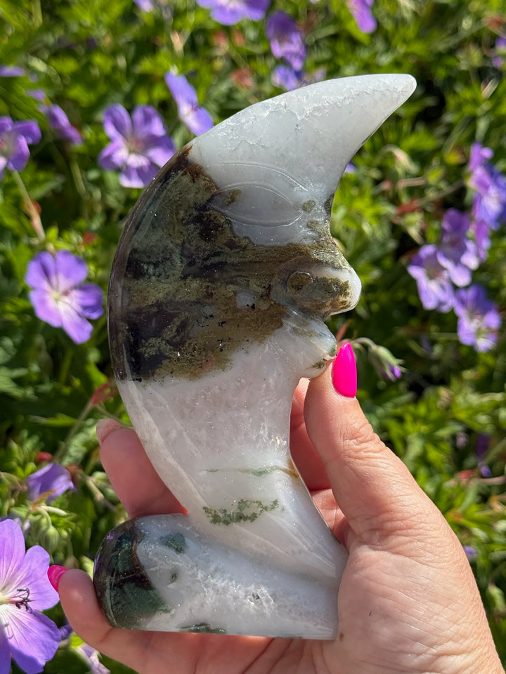 Freestanding Moss Agate Moon Carving