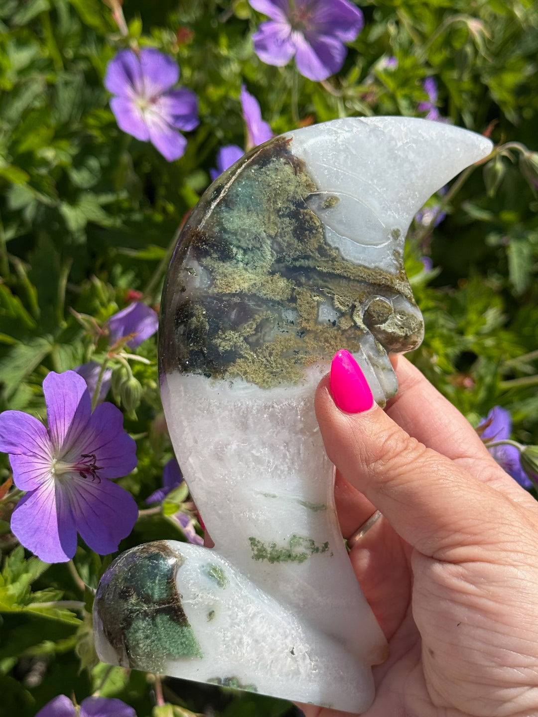 Freestanding Moss Agate Moon Carving
