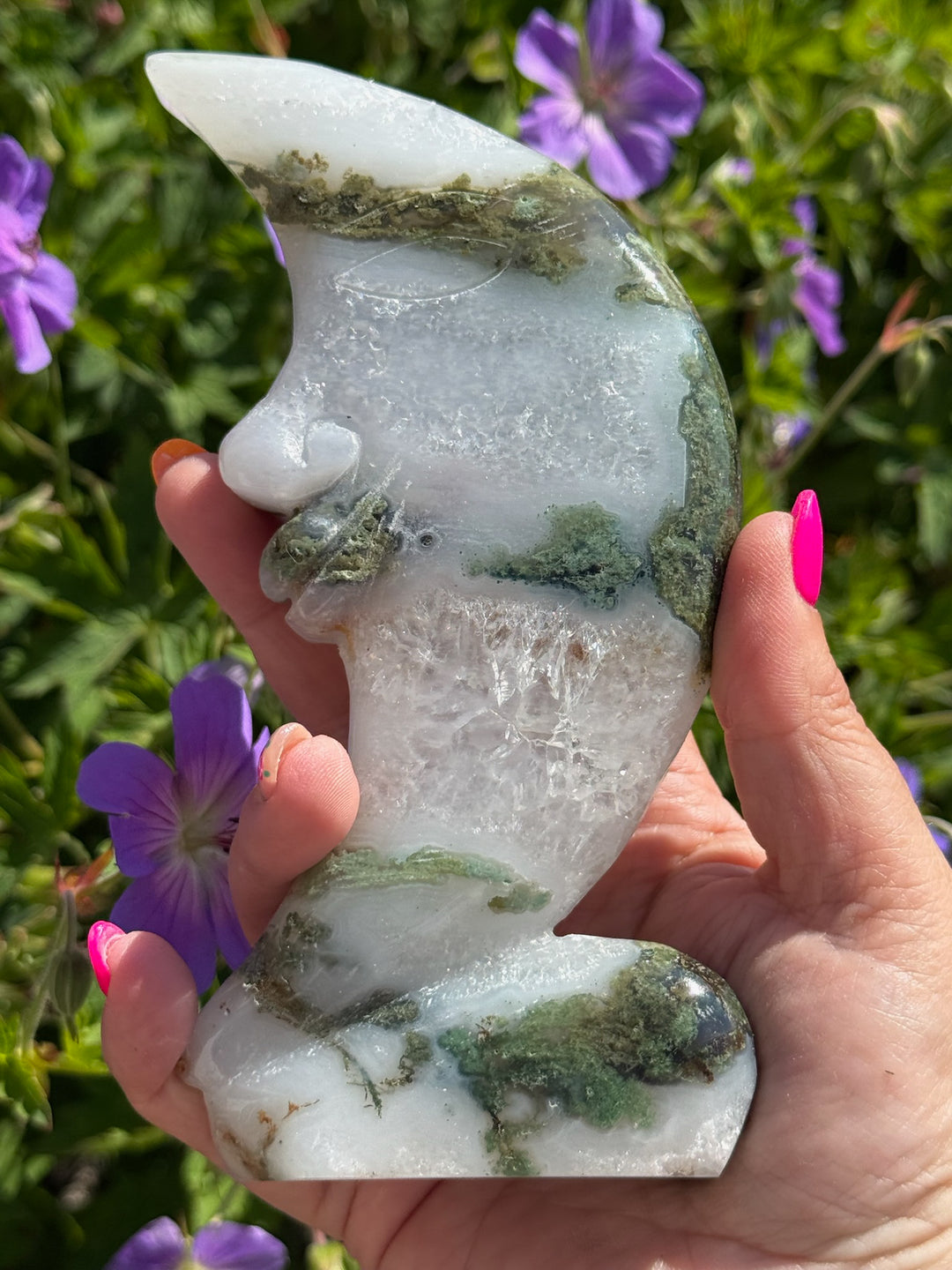 Freestanding Moss Agate Moon Carving