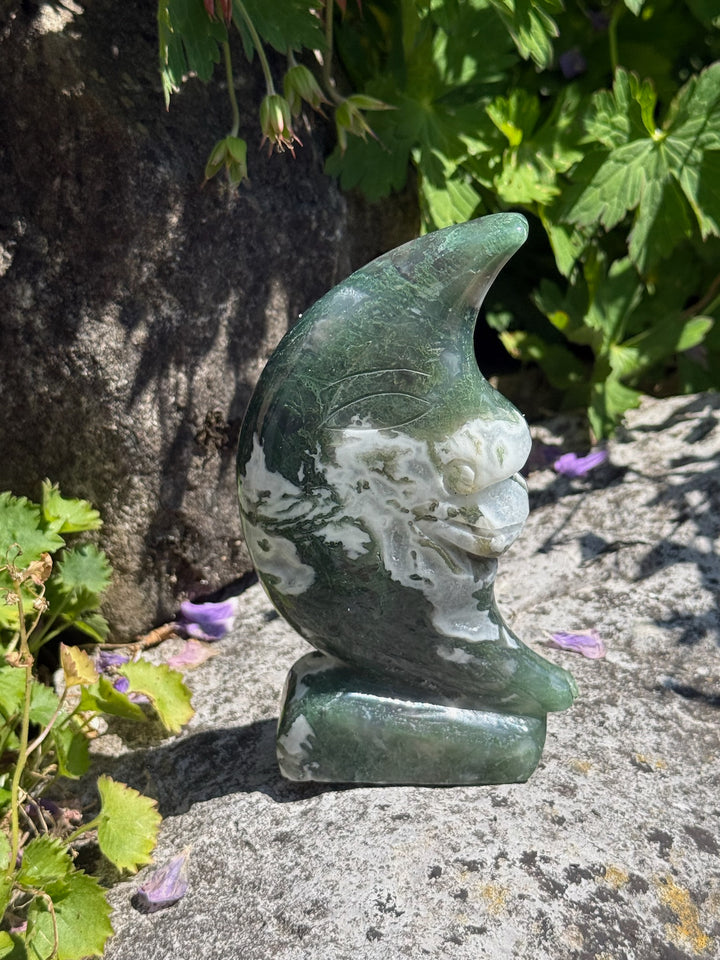 Freestanding Druzy Moss Agate Moon Carving