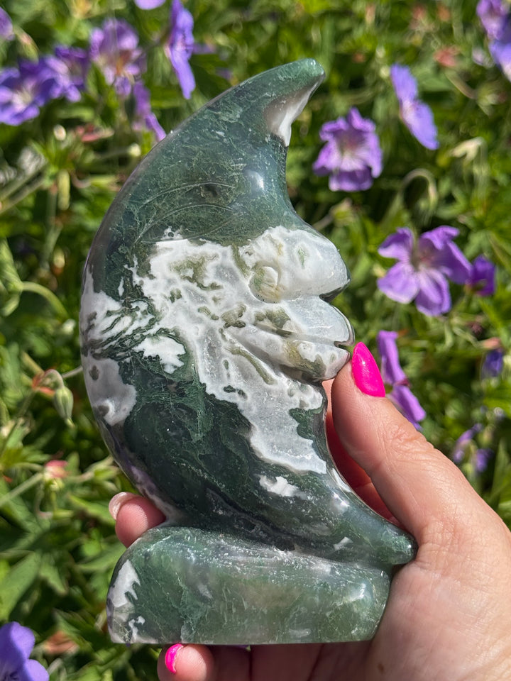 Freestanding Druzy Moss Agate Moon Carving