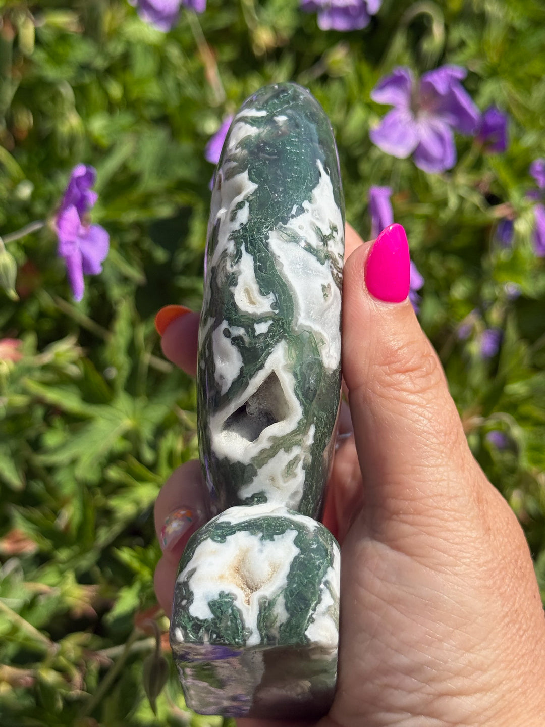 Freestanding Druzy Moss Agate Moon Carving