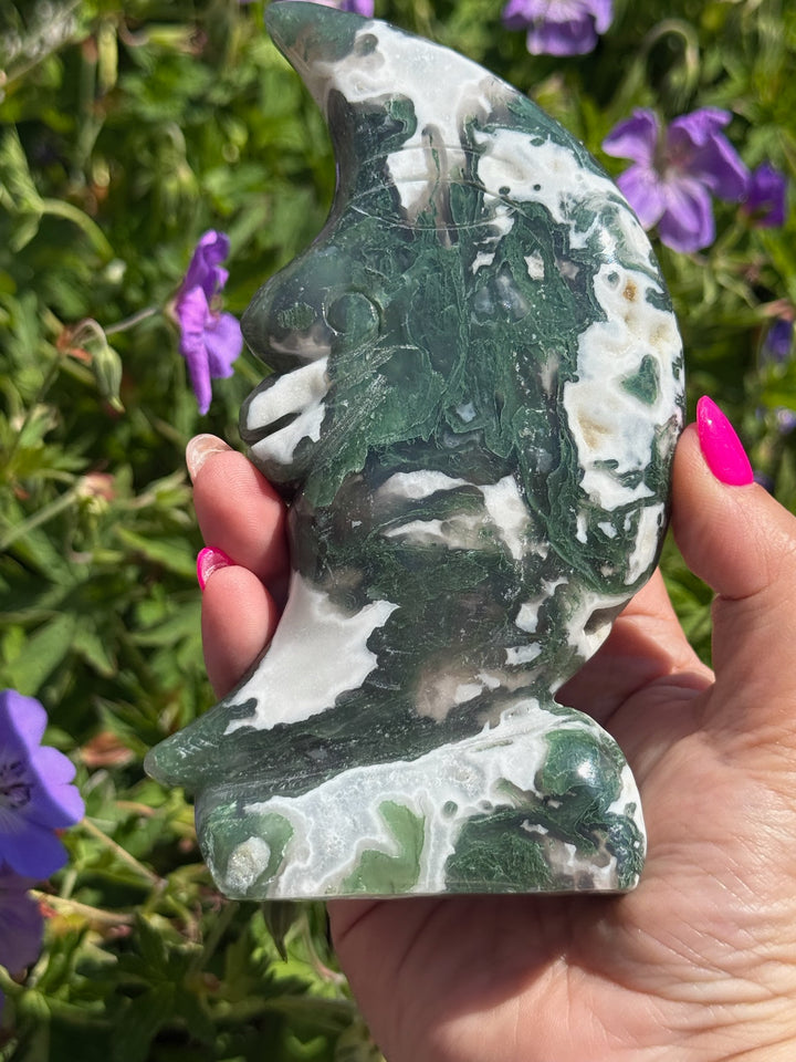 Freestanding Druzy Moss Agate Moon Carving
