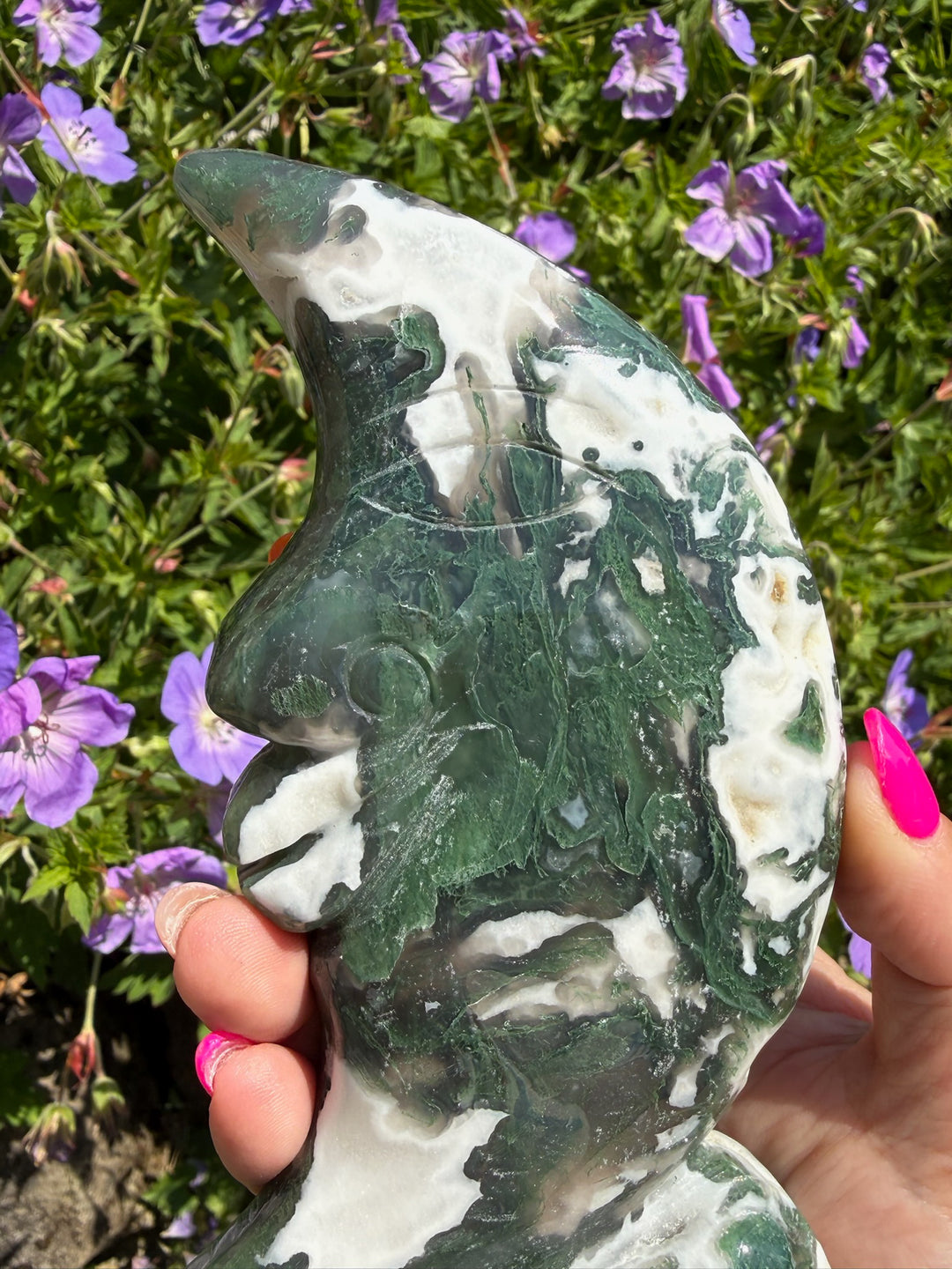 Freestanding Druzy Moss Agate Moon Carving
