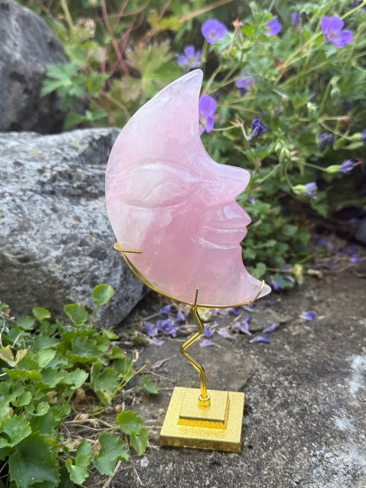 Rose Quartz Moon Carving with Face and Stand