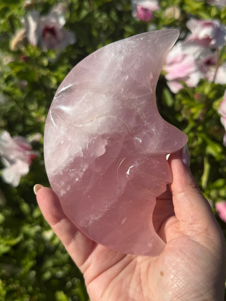 Rose Quartz Moon Carving with Face and Stand