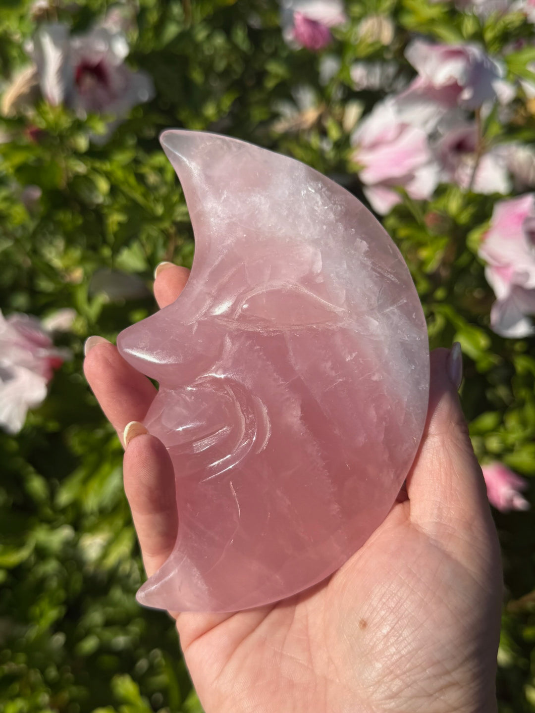 Rose Quartz Moon Carving with Face and Stand