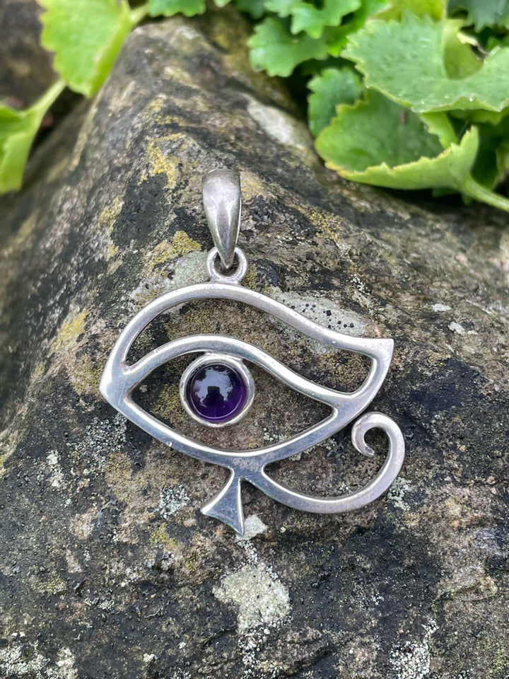 925 Sterling Silver Eye of Horus Pendant with Amethyst from India