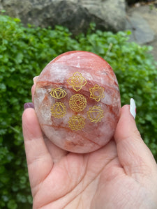 Hematoid Quartz Crystal Palmstone with Chakra symbols