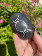 Load image into Gallery viewer, Triple Moon Silver Sheen Obsidian Palmstone
