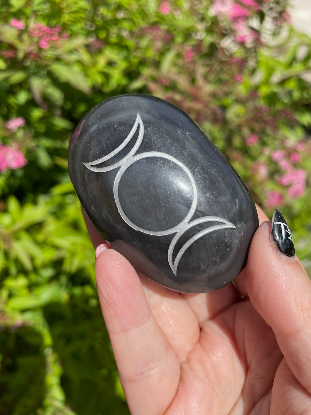 Triple Moon Silver Sheen Obsidian Palmstone