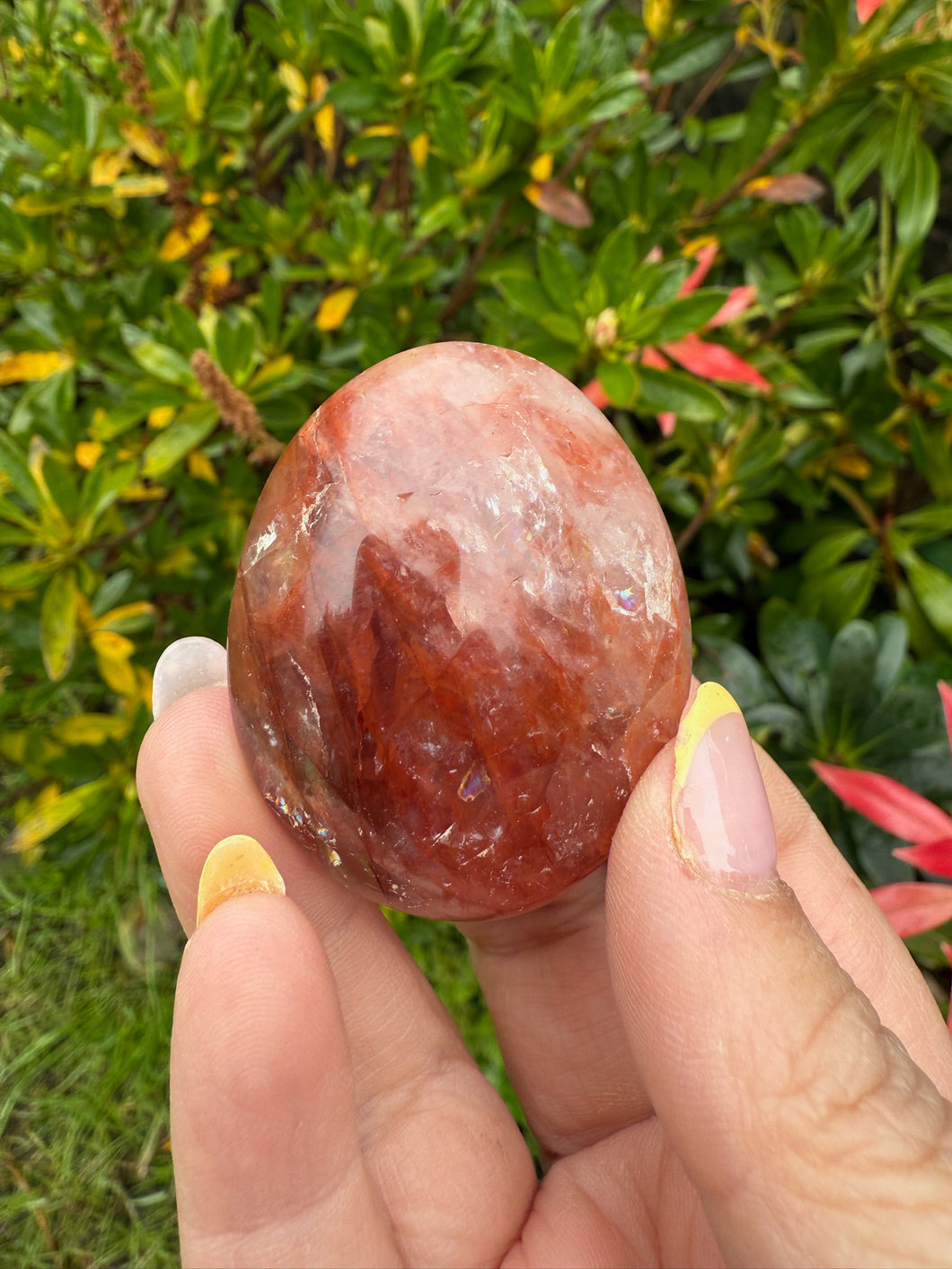 Fire Quartz Palmstone with Rainbows