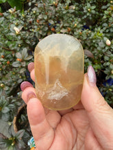Load image into Gallery viewer, Smokey Honey Fluorite Palmstone with Rainbows
