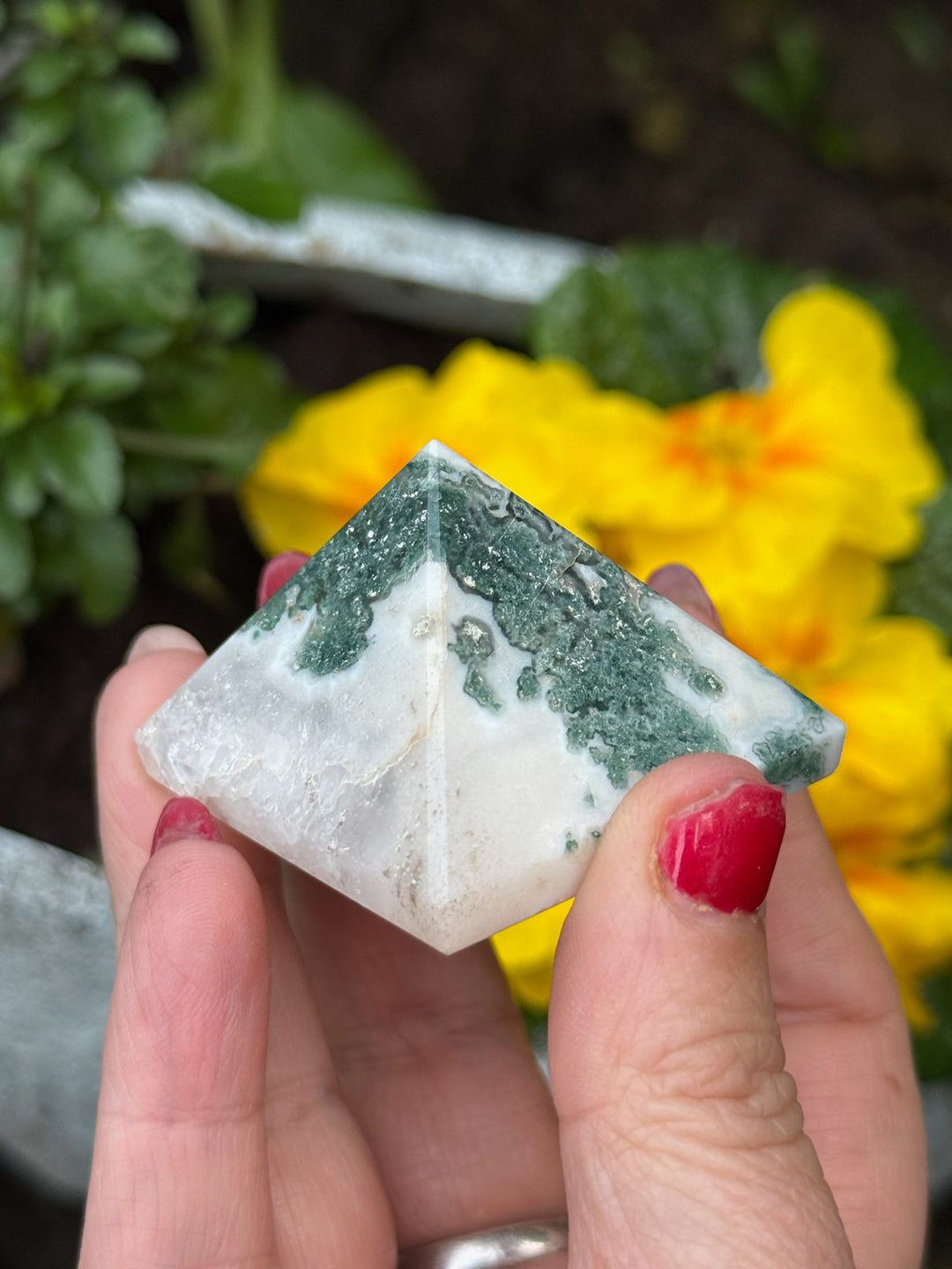 Moss Agate Pyramid Carving