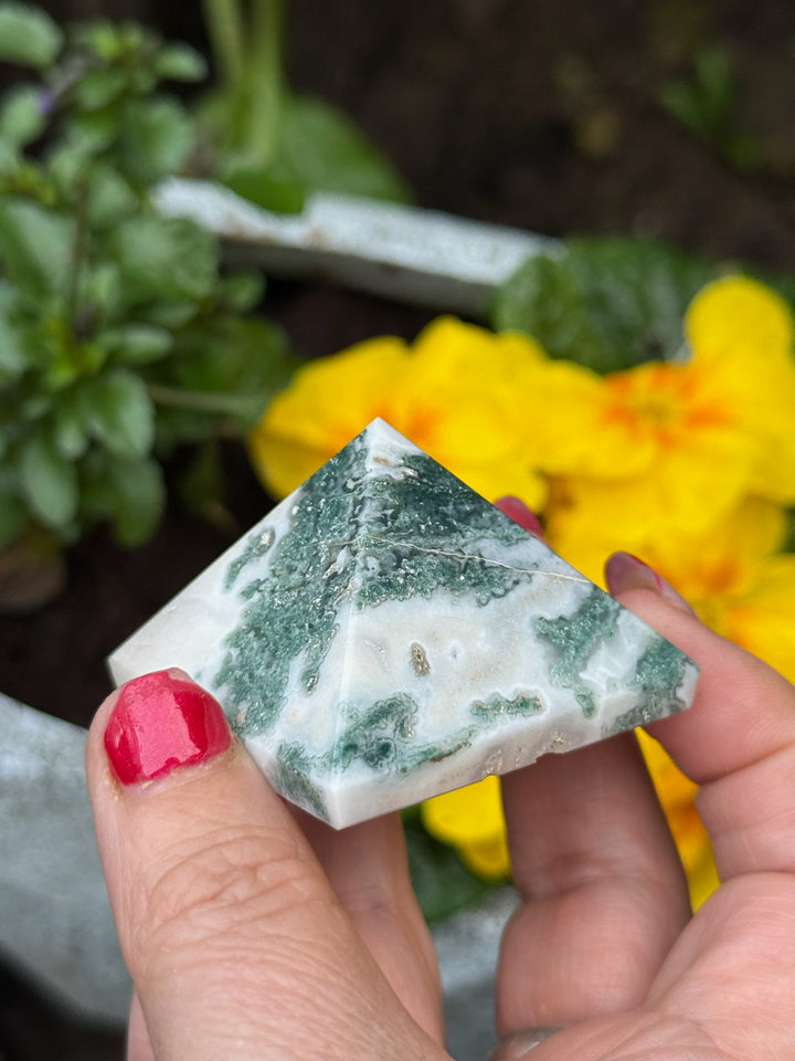 Moss Agate Pyramid Carving
