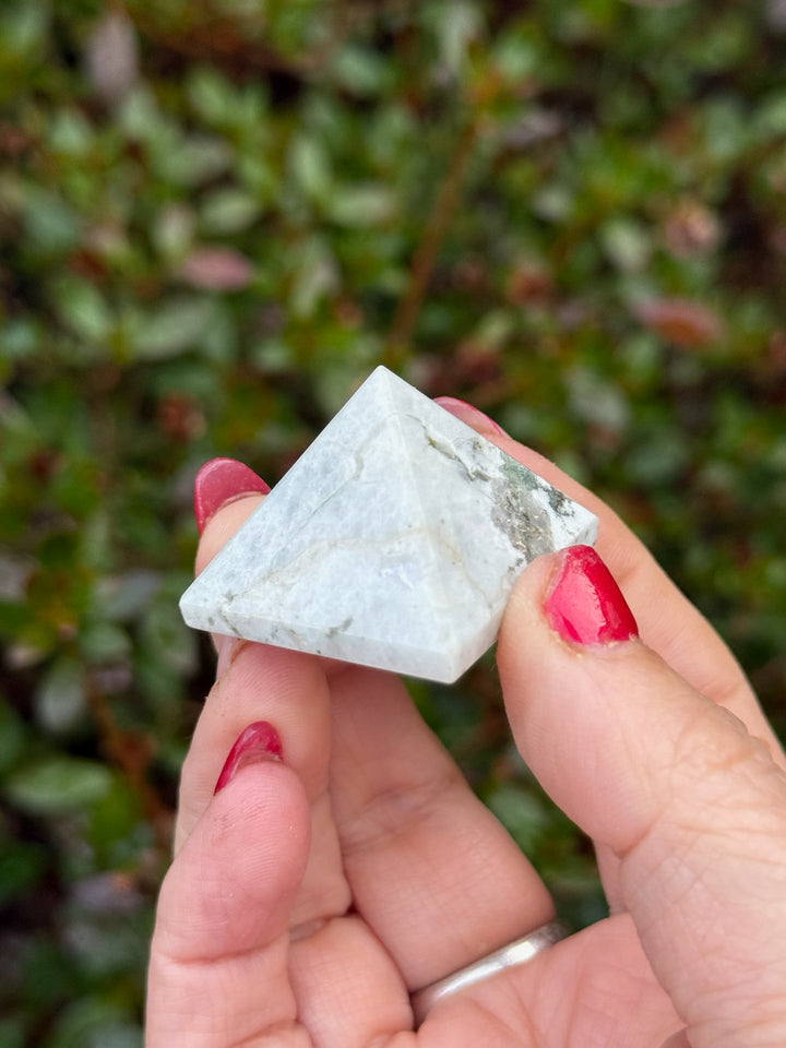 Moonstone and Tourmaline Pyramid Carving