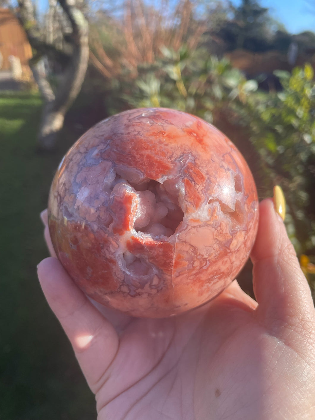 Large Pink Agate and Chalcedony Sphere with Druzy
