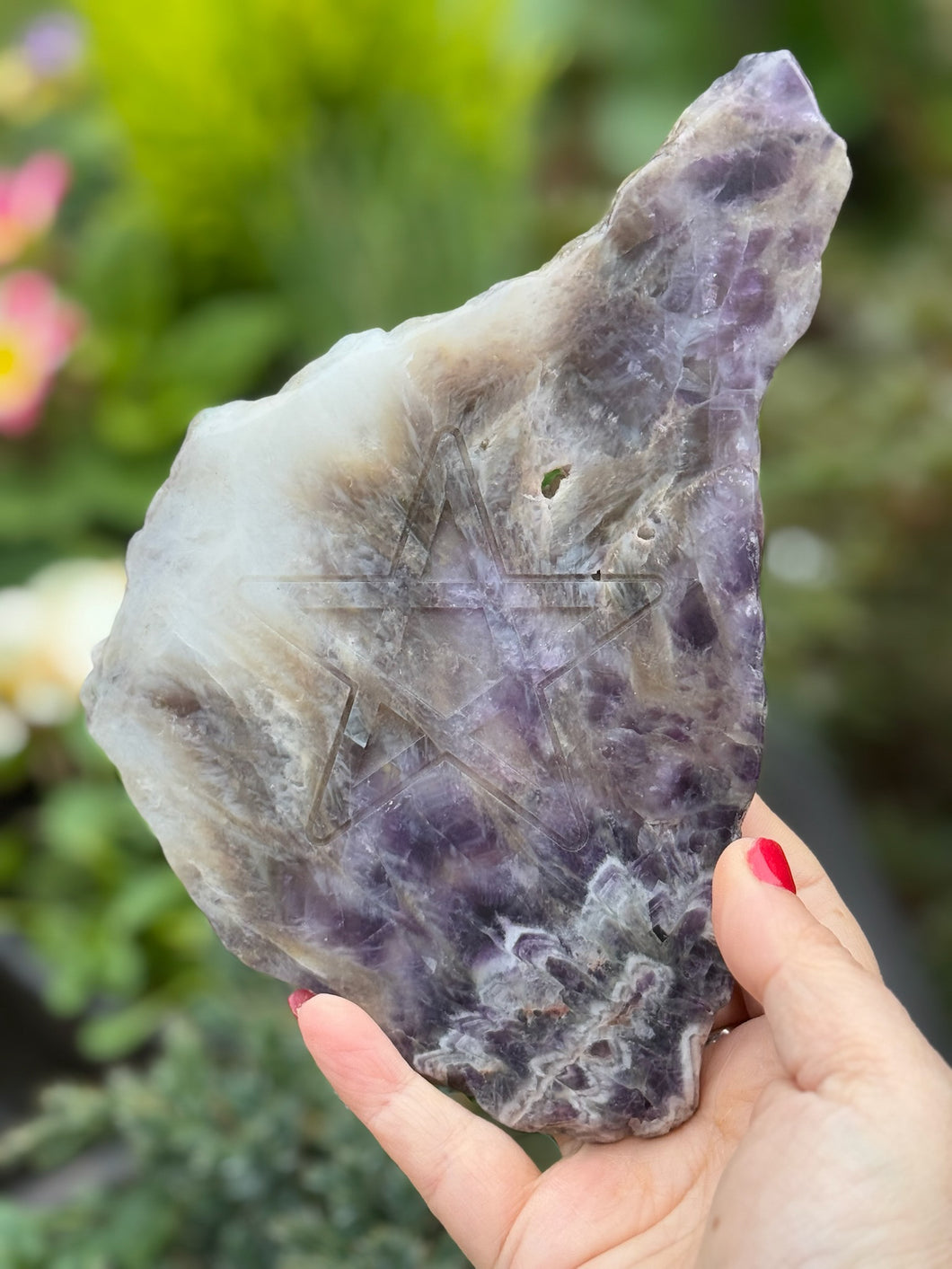 Chevron Amethyst Slice Carving with Pentagram