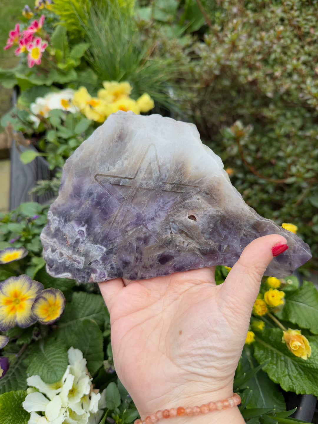 Chevron Amethyst Slice Carving with Pentagram