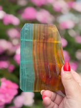 Load image into Gallery viewer, Banded Yellow and Green Fluorite Slice Carving
