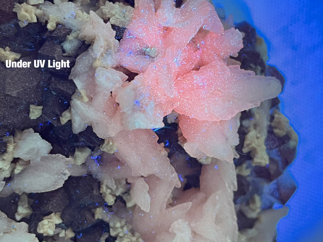 Red Hematite Quartz and UV Reactive Calcite Crystal Specimen