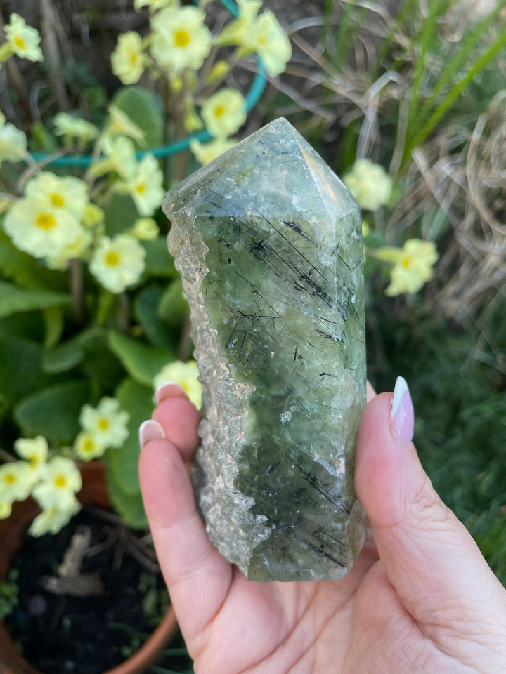 Large Prehnite and Tourmaline Rough Tower Specimen