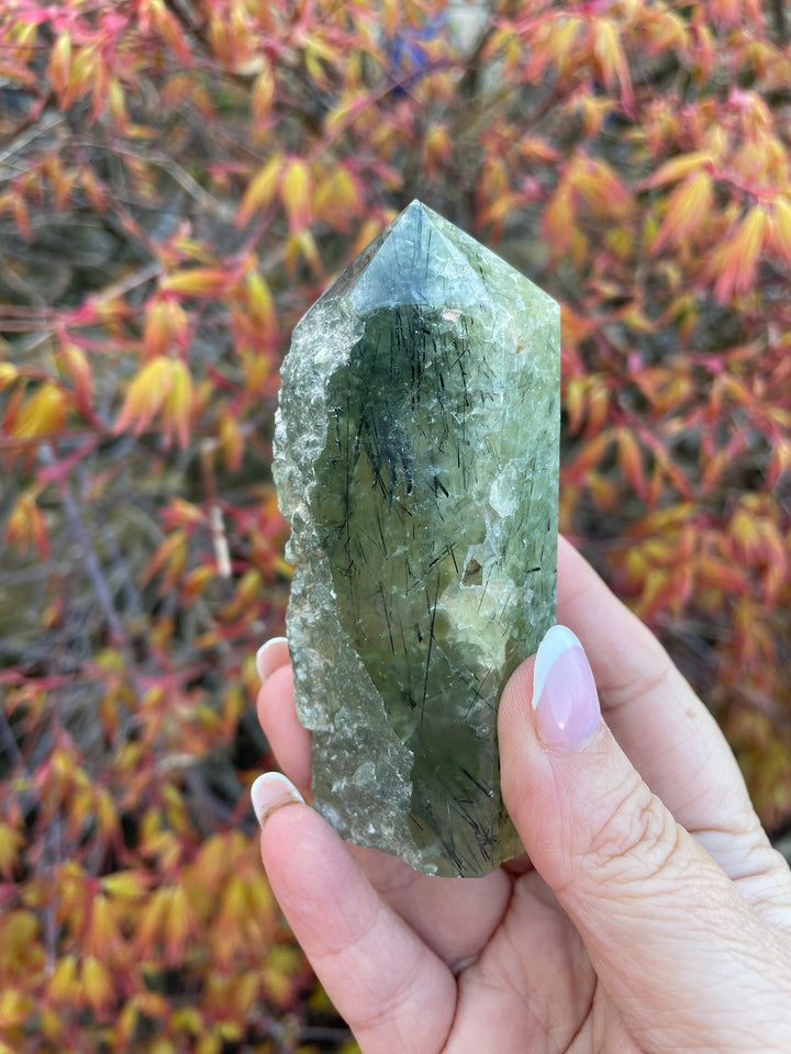 Prehnite and Tourmaline Rough Tower Specimen